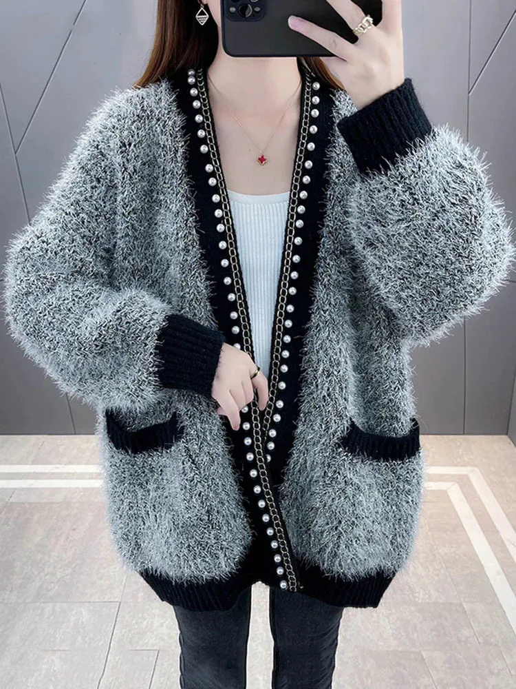 

LJHLJX Women Sequined Pearl Patchwork V-neck Cardigan Long Sleeve Sweater Casual Loose New Knitwear Tops Spring 2024 New AH700