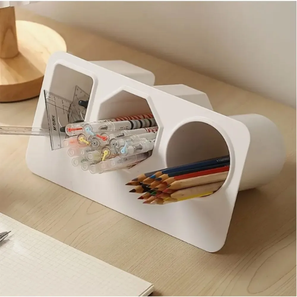 Plastic Desk Organizer 3-Compartment Stick-On Storage Box Large Capacity for Makeup Brushes Lipsticks Pens Office School Use