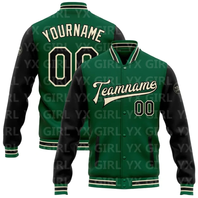 Custom Kelly Green Black-OR Bomber Full-Snap Varsity Letterman Two Tone Jacket 3D Printed Baseball Button Jacket