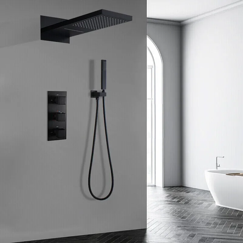 Description Picture 2 of itemBrushed Gold Thermostatic Bathroom Shower Faucet In Wall Bath and Set Mixer Bath and Rainfall Shower