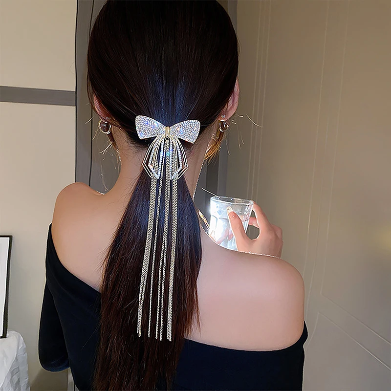 

New Fashion Bow Tassel Hair Clips For Women Delicate Sparkly Rhinestone Tassel Hairpin Hair Accessories 2023