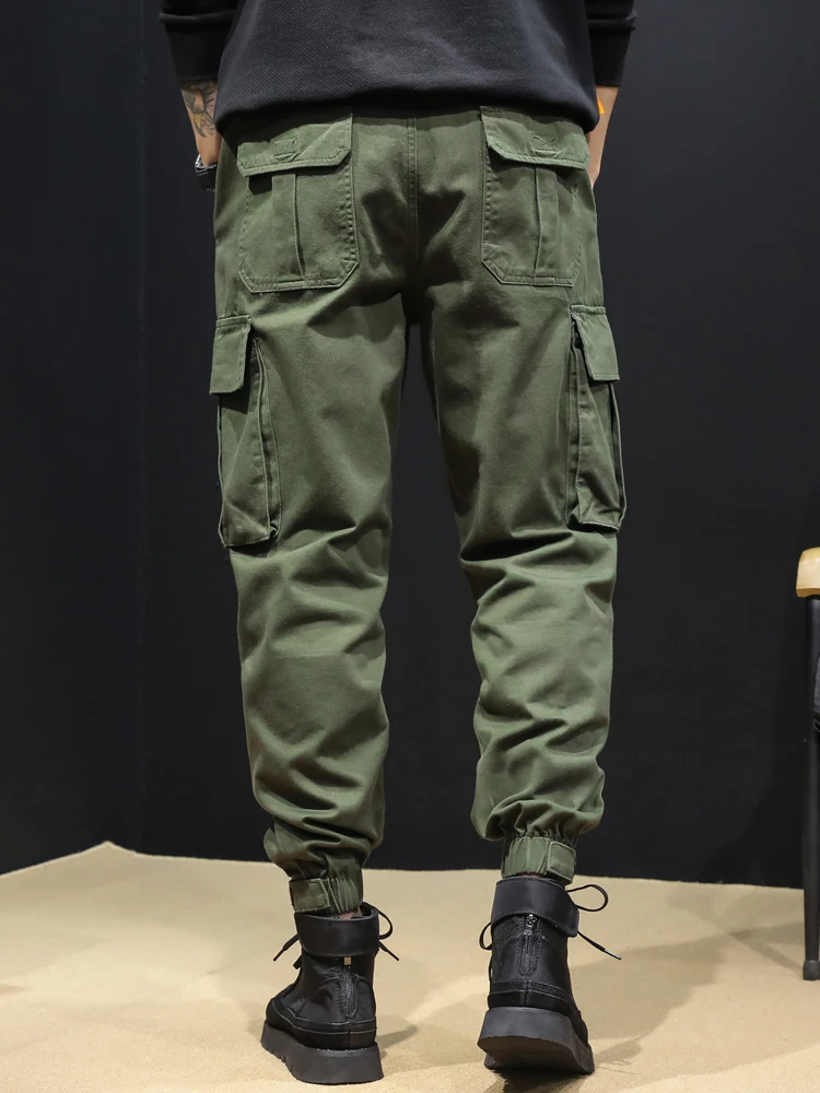 Casual Pants Men's Autumn and Winter Warm Slim-Fitting Ankle-Tied Pocket Decoration Trendy RetroAmerican SolidColor All-Matching