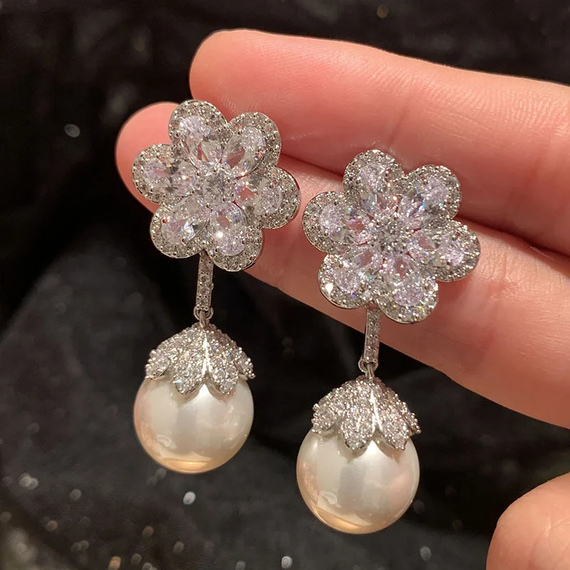 

Champagne floral earrings sweet lady bride wedding dinner dress super sparkling Luxury jewelry