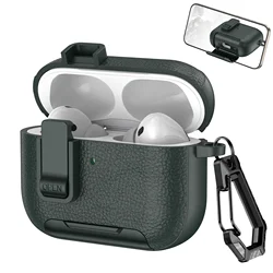 Luxury Leather Textured Earphone Cover with Secure Lock and Invisible Phone Stand - Airpods Pro 3 (Army green)
