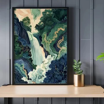 Hokusai Ukiyo-e Blue Green Japanese Waterfall Asian Landscape 1
