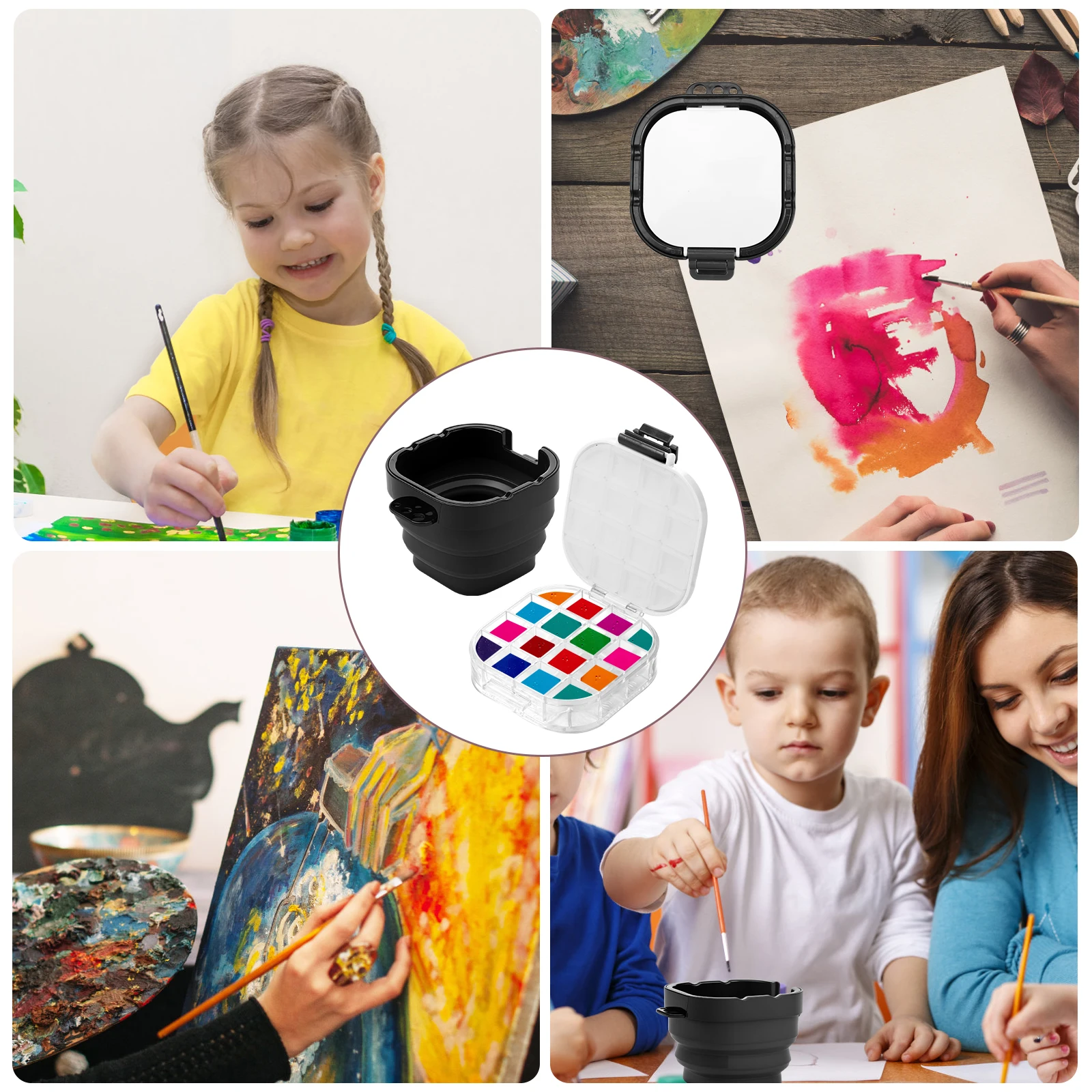 Airtight Paint Palette with Lid 16 Wells Travel Paint Palette Box with Folding Paint Brush Washing Bucket Multifunctional 5