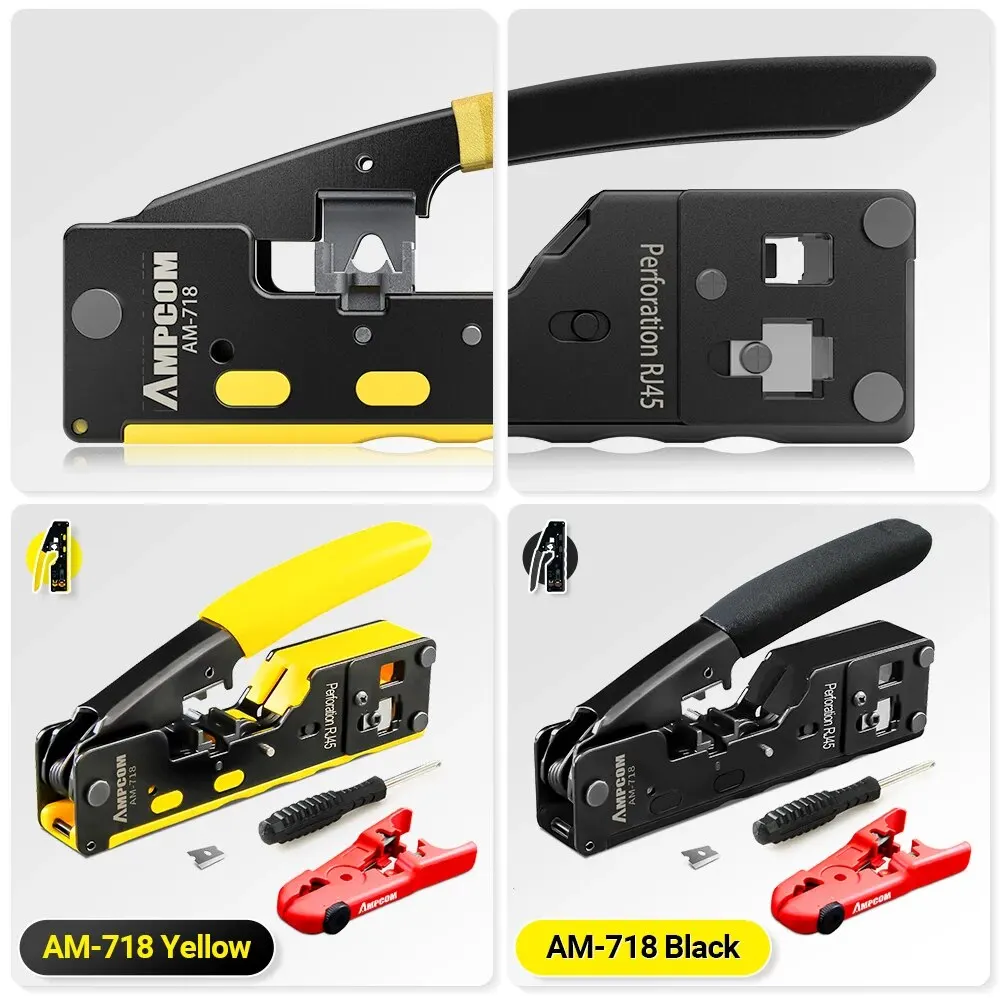 AMPCOM EZ 타입 RJ45 크림퍼 와이어 스트립 도구 세트 포함, 크림프/컷 네트워크 CAT8/7/6A/6/5E-STP/UTP & TEL RJ11/12 모듈러 케이블용