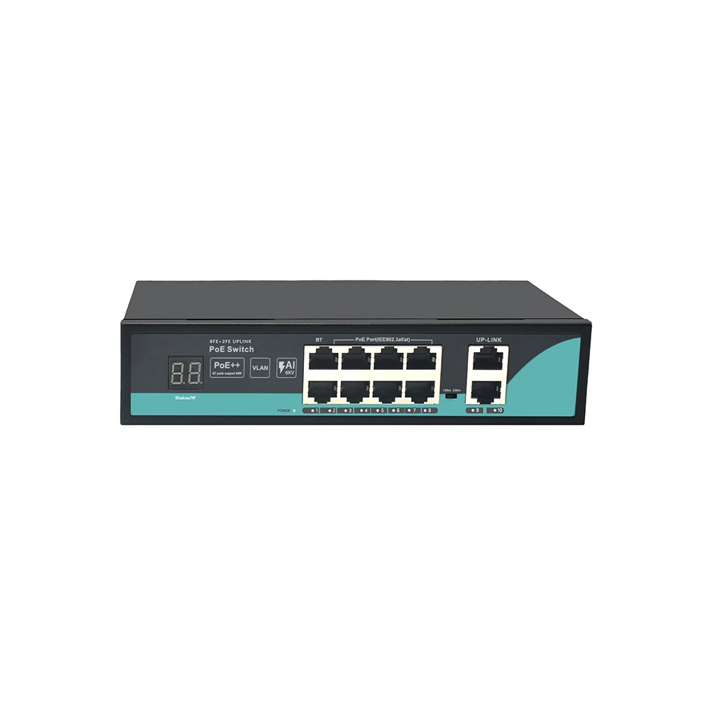 

PoE Switch 8 Port PoE 2*100M OEM AI POE Switch with Digital Tube Display for Security CCTV Camera