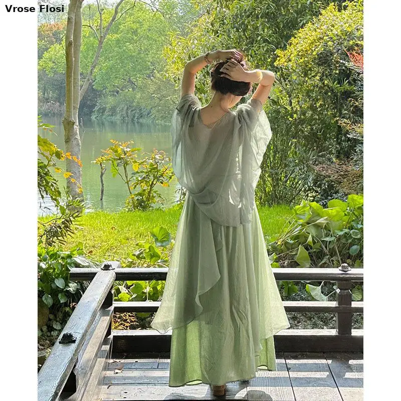 Blue Green Hanfu Suit Summer Chinese Style Qipao Dresses Mesh Cardigan Strap Vestidos Women Slim Cheongsams Costumes