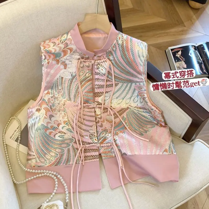 Chinese Style Modified Hanfu Jacquard Top Women Spring and Autumn Retro Stand-up Collar Long-sleeved Loose Casual Shirt