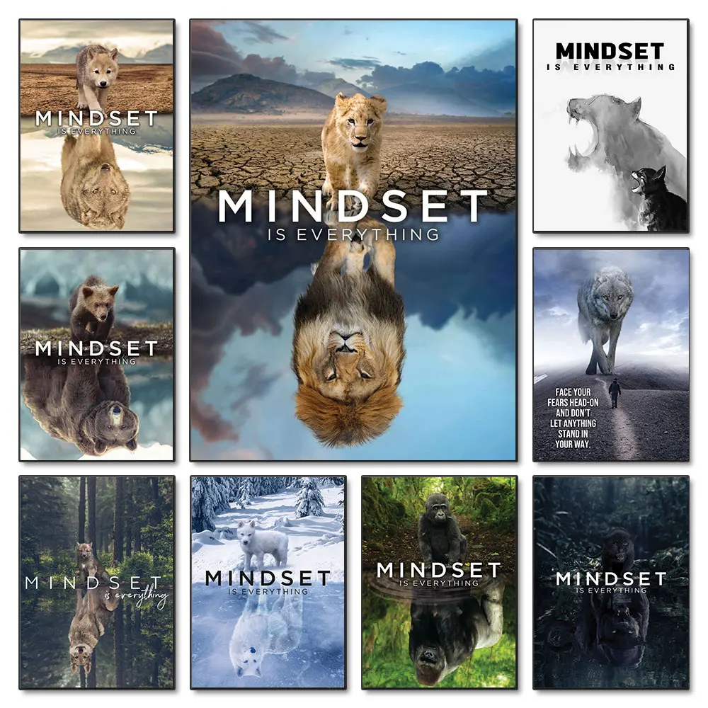 

Mindset Motivational Poster Modern Animal Wolf Lion Canvas Painting Inspirational Wall Art Pictures Home Room Decor Cuadros