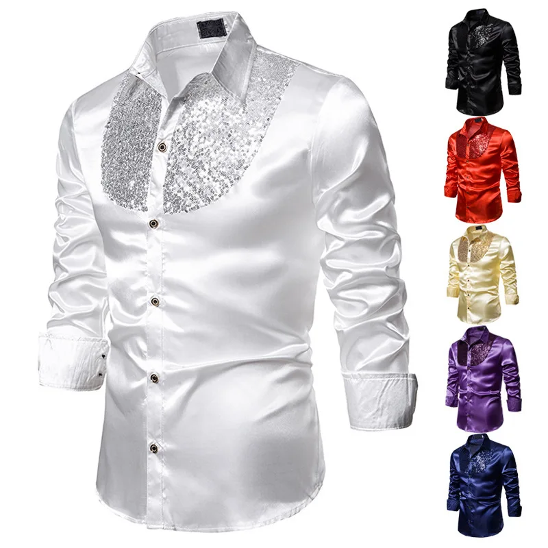 Spring Autumn Men's Sequined Shirt Nightclub Costume Host Men's Long-Sleeved Shirt