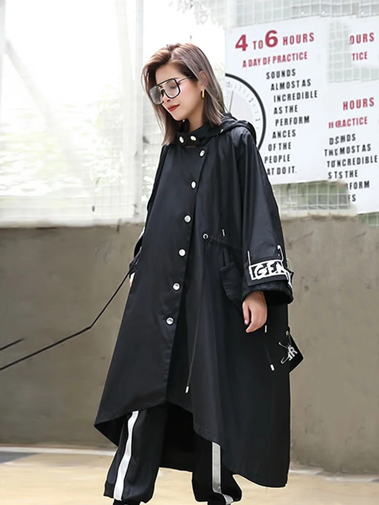 Xitao 女性用の黒のトレンチコート,ロングプリント,ストリートウェア 