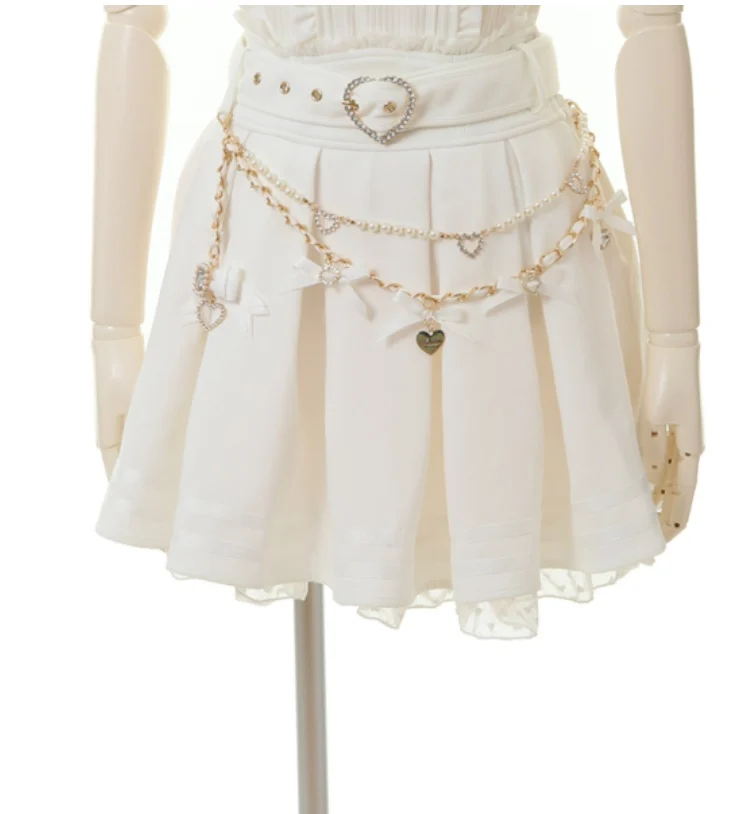 Japanese Style High Waist Skirt Mine Mass-Produced Love Pearl Chain Bow Love Short Casual Skirt Fashion Lolita Skirt for Women