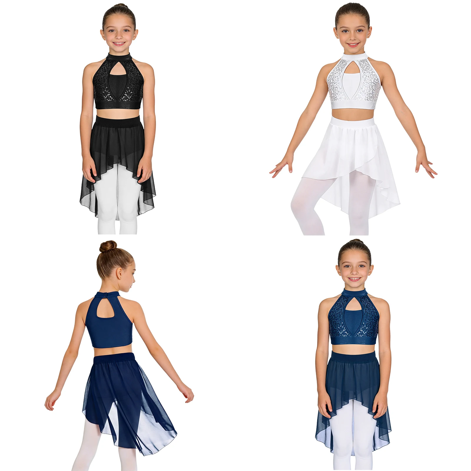 Zweiteilige Ballett- und Jazz-Tanz-Performance-Outfits für Mädchen, Pailletten-Crop-Top mit Schlüsselloch-Rücken und unregelmäßigem High-Low-Chiffonrock – Detail 3