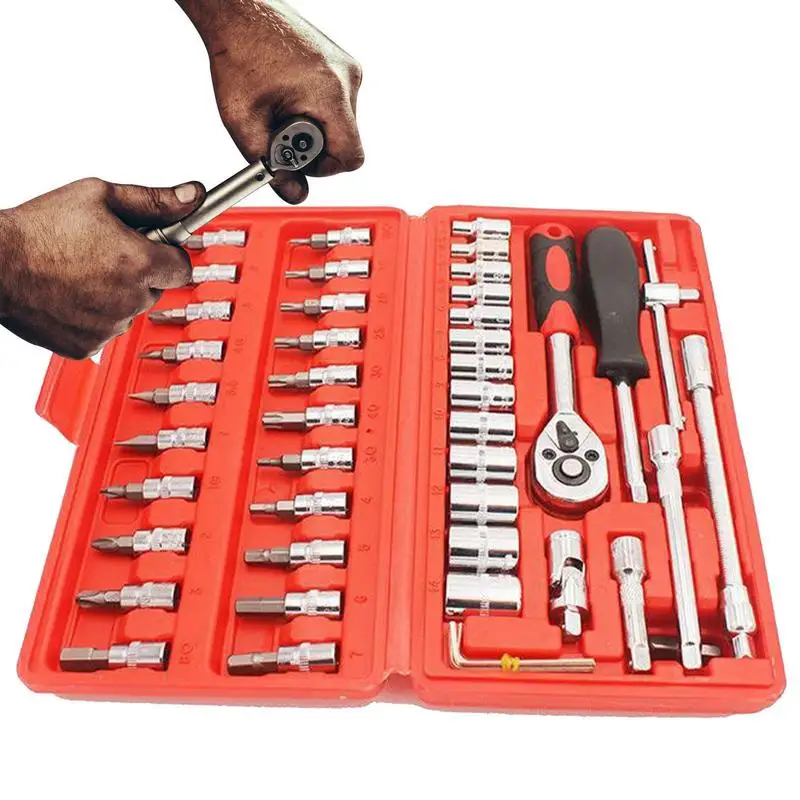 

Socket Wrench 46pcs Ratcheting Mechanics Tool Set Metric And Standard Portable Repairing Tools For Bicycles Automobiles