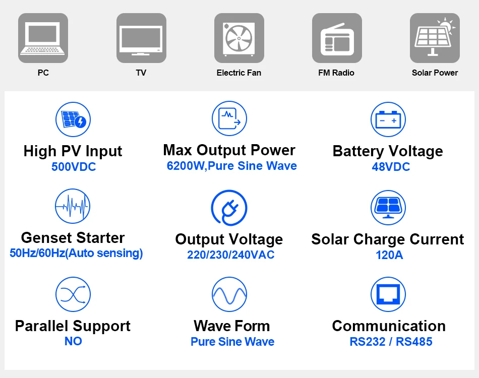 EASUN 6200W Hybrid Solar Off-Grid Wechselrichter 48V 220V MPPT 8500W 120A 500V Hochleistungs-PV-Ladegerät 50/60Hz mit WIFI BMS Generator EU – Detail 2