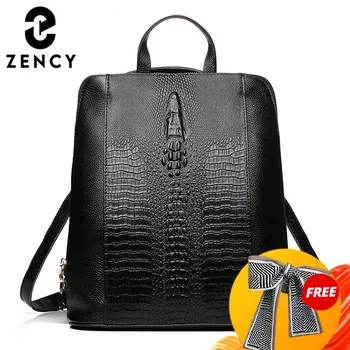 Zency 여성용 진짜 가죽 배낭, 악어 패턴, 배낭 소녀 노트북 책가방, 작업 노트북용 여행 가방, 100%