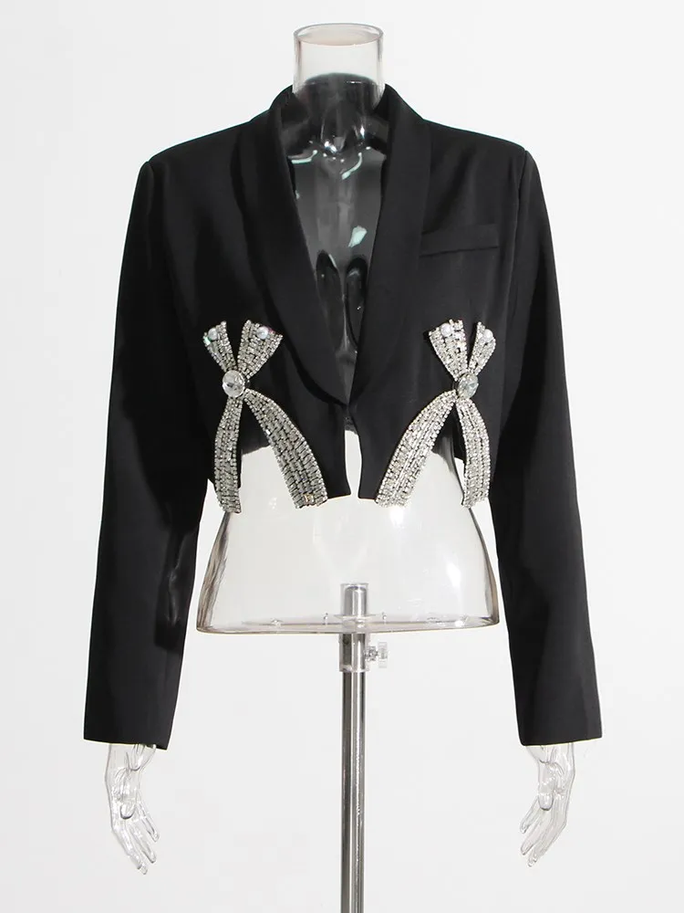 KBQ Temperament Spliced Diamonds Blazer For Women V Neck Long Sleeve Solid Split Straight Cropped Blazers Female Clothing New