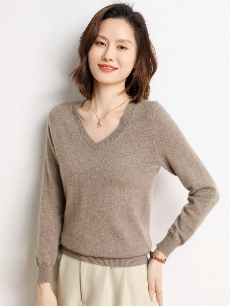

High-quality Spring Autumn 100% Cashmere Women Sweater V-neck Long Sleeve Pullover Shirt Pure Color Knitwear Women Clothing