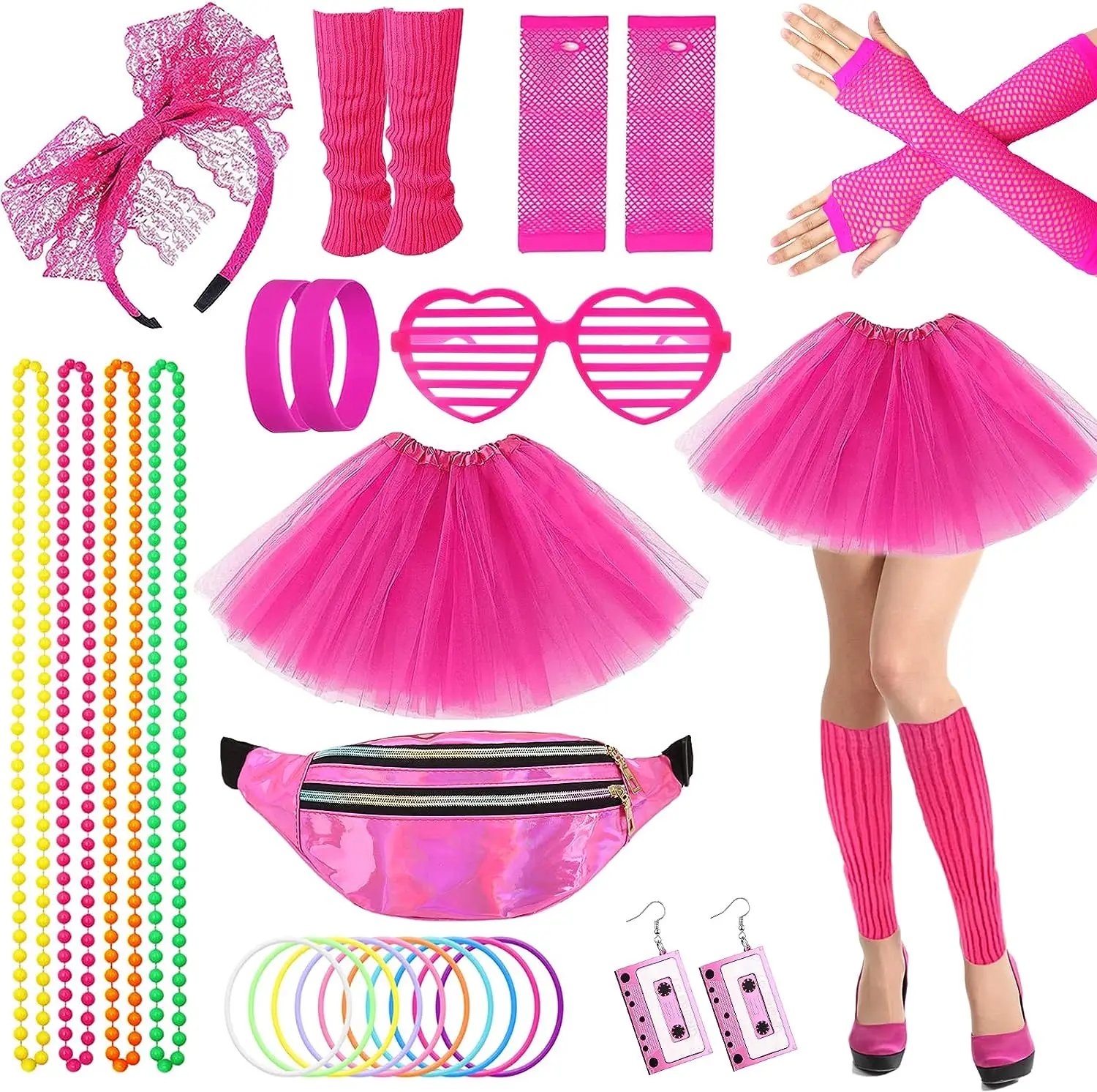 Set De Accesorios De Disfraz De Los Años 80 | Camiseta, Tutú, Diadema, Pendientes, Collar, Calentadores Y Pulseras Neón | Verde Fluorescente Talla L
