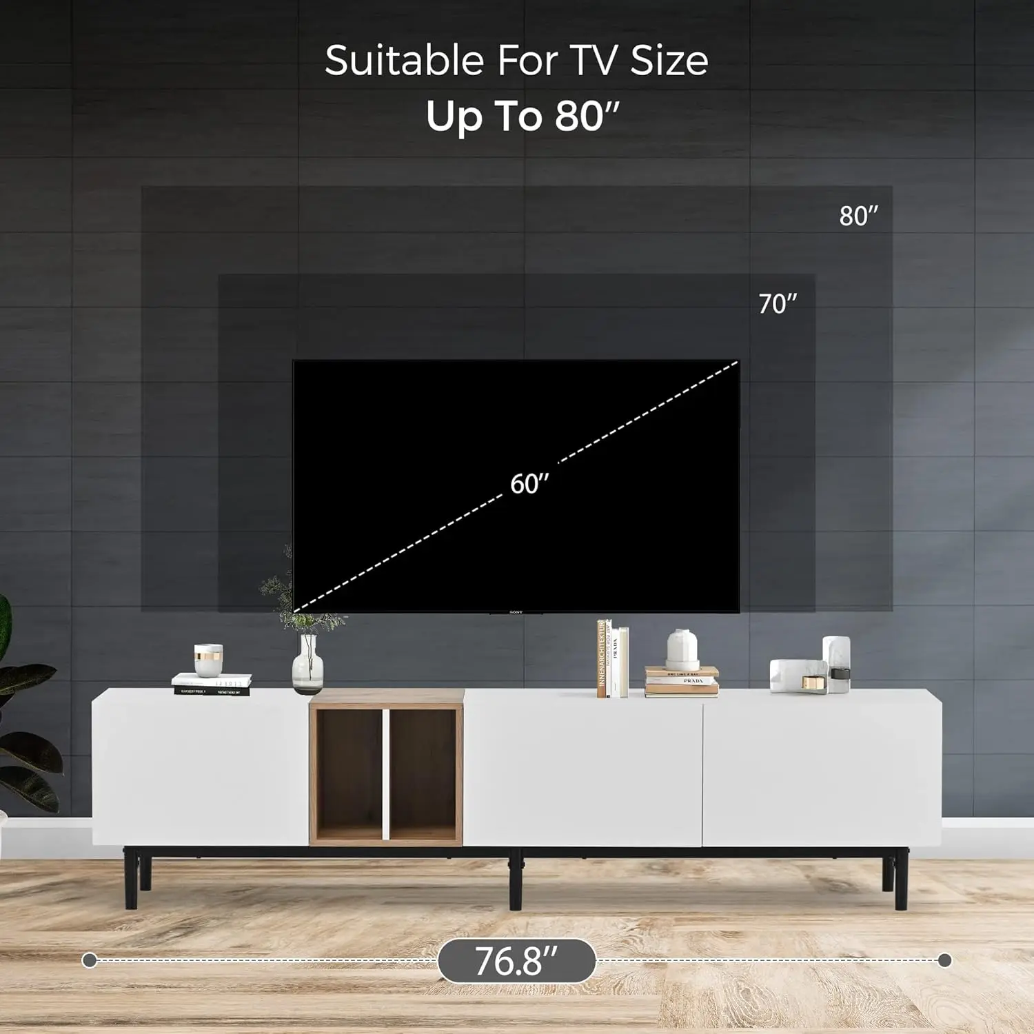 77 Inch Modern TV Stand for TVs Up to 80”, Minimalist Entertainment Center with 3 Cabinets & Open Shelves, Media Console Table 3
