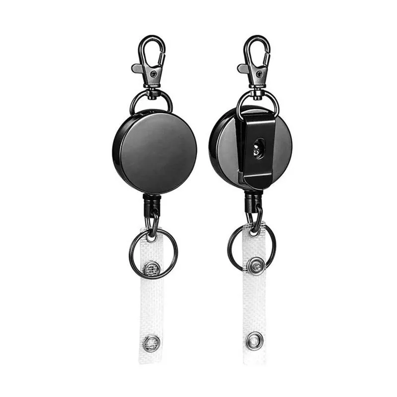 1pc Retractable Keyring Strong Heavy Duty Key Chain Steel Belt Clips Extending Steel Lanyard Reel Cool Fashion Black Key Ring 2