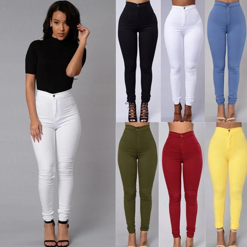 New Women Denim Skinny Jeggings Pants High Waist Stretch Jeans Pure Color Slim Pencil Trousers Y2k Pants Streetwear Боди Женское боди женское