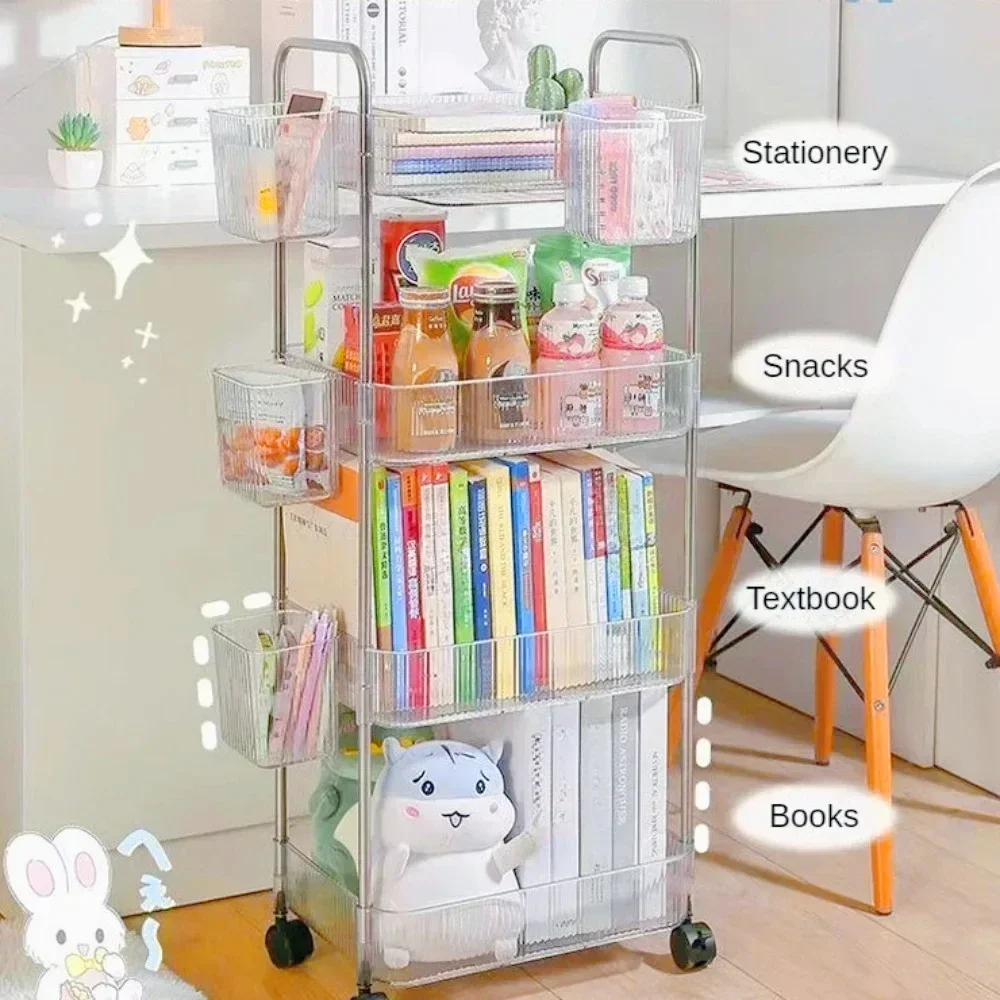 Transparent Storage Rack Trolley Transparent Acrylic Rolling Cart with Hanging Basket Bathroom Acrylic Makeup Bookshelf