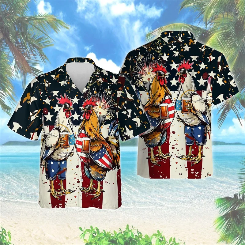 thumbnail image 1 of Camisa hawaiana con estampado 3D de gallo de dibujos animados para hombre, divertidas camisas Aloha con estampado de animales, blusas de calle unisex, blusas con solapa, mangas cortas, 1 of 5