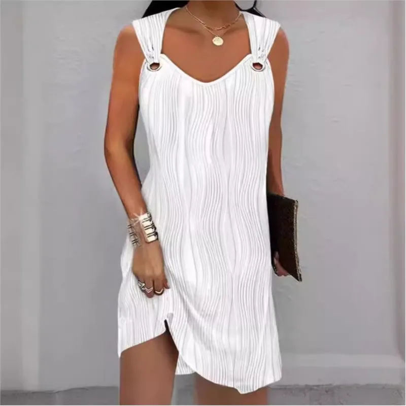 

Fashion Water Ripple Waist Suspender Sleeveless Tank Dress 2024 Summer O-Ring Decor Elegant Robe Midi Dresses Vacation Vestidos