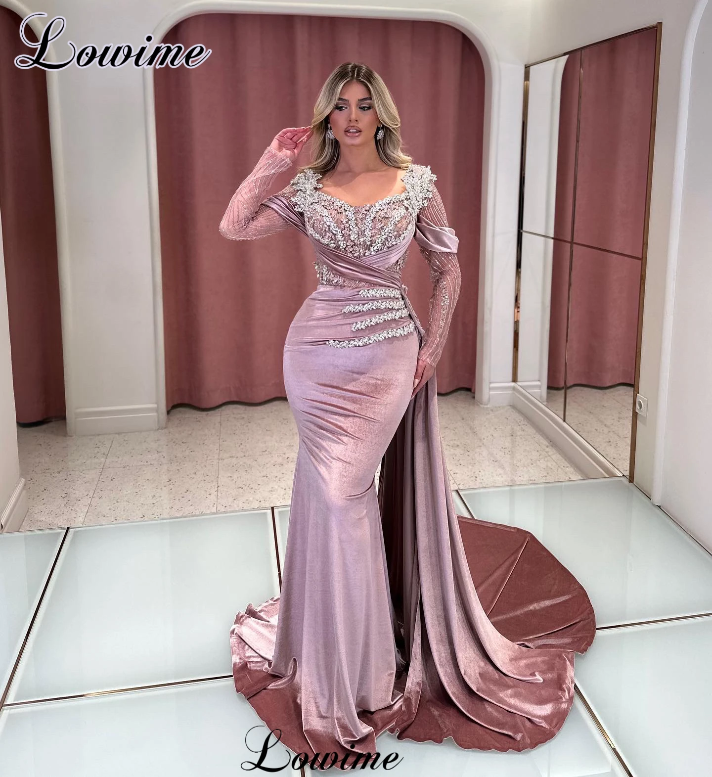 Pink Sweetheart Velvet Mermaid Long Party Dress Birthday Outfits, DP4346 main image 1