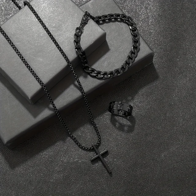 Men's 3pcs Fashion Alloy Jewelry Set - Cross Pendant Necklace, Bracelet & Ring Combo 2