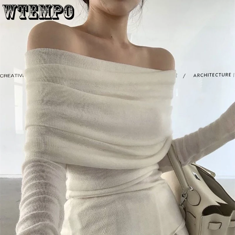 

WTEMPO Off Shoulder Long Sleeve Tops Women Spring Fall Slim Pleated T-Shirts Female Sexy Fashion Casual Thin Knitted Sweaters
