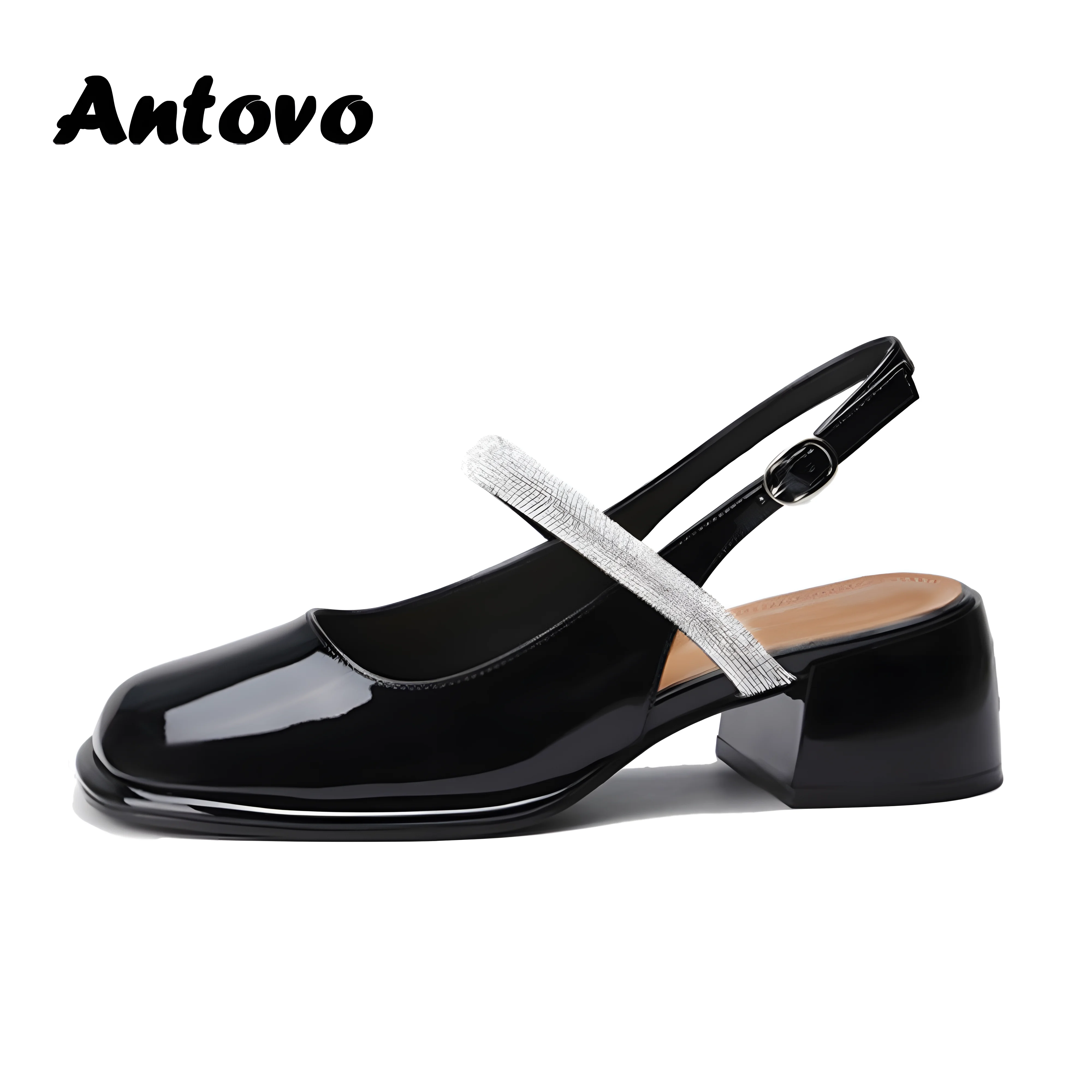 

Antovo Women's Sandals High Heel Summer Flash Drill with Square Head Back Empty Buckle Mary Jane Thick Heel Baotou High-Heeled