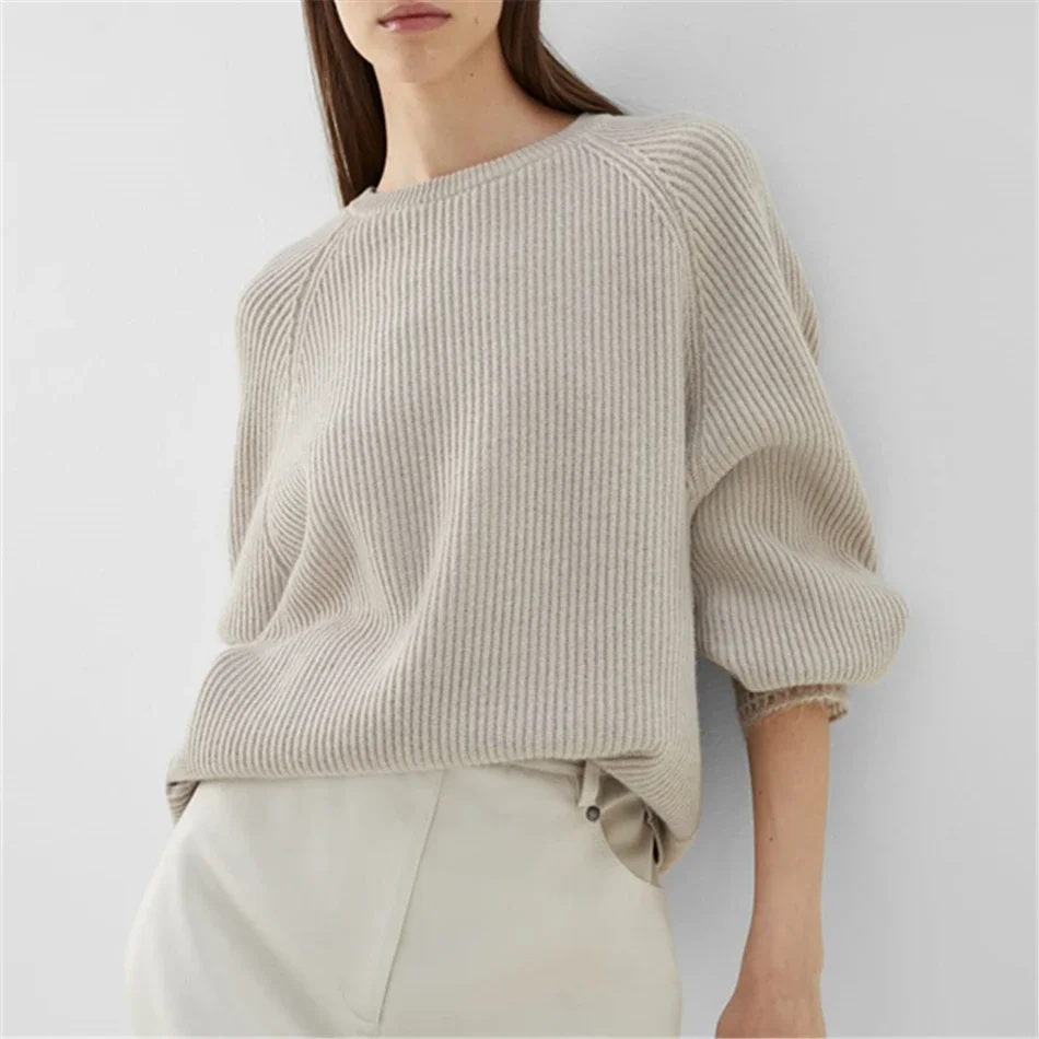 

B/C brand Cashmere Rib Knit Sweater With Dazzling Net Cuffs 2023 Autumn New Pullovers Relaxed Off white Women's Sweater