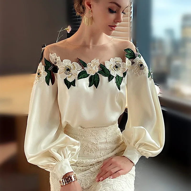 Runway Luxury Vintage Floral Embroidery Spring Women Lantern Long Sleeve Blouse Party Shirts Woman Tunic Blouses Tops NS633
