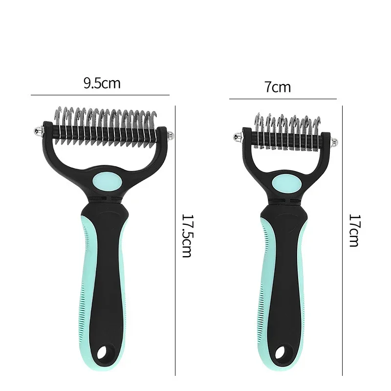 Professional pet deshedding brush with dual-head stainless steel design.