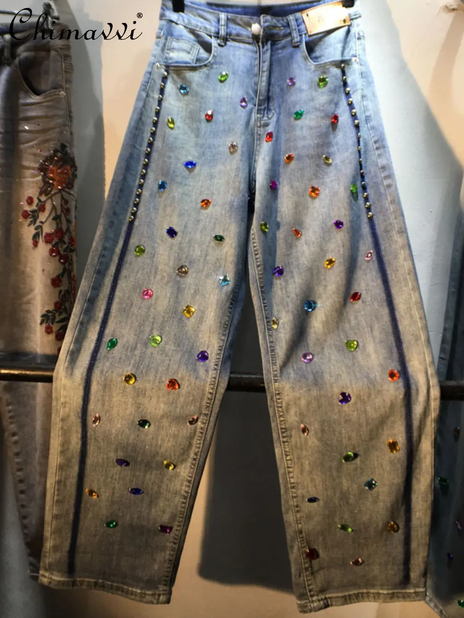 

European Style 2023 Spring Summer New Heavy Beaded Diamond High Waist Long Sleeve Fashion Slim-fit Denim Wide Leg Straight Pants