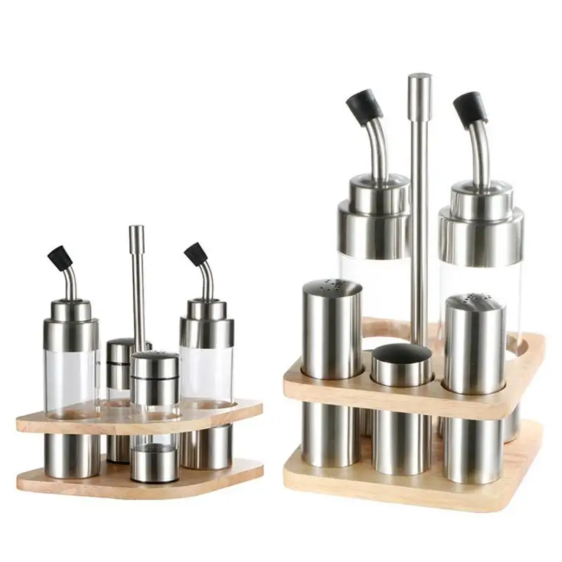

Kitchen Seasoning Bottle Set With Wooden Rack Translucent Pepper Bottle Holder Tools For Oil Salt Vinegar Soy Sauce Storage