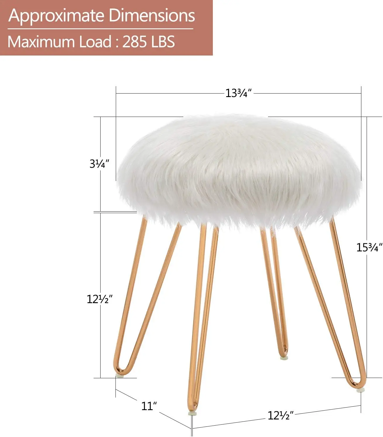 Faux Fur Ottoman, Round Foot Rest Vanity Stool Makeup Stool with Gold Metal Hair Pin Legs