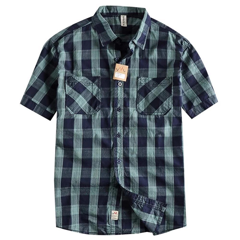 

American Classic Short Sleeved Men's Plaid Shirt Summer Programmer Man's Cotton Checkered Tee Shirt Holiday Mans's Clothing
