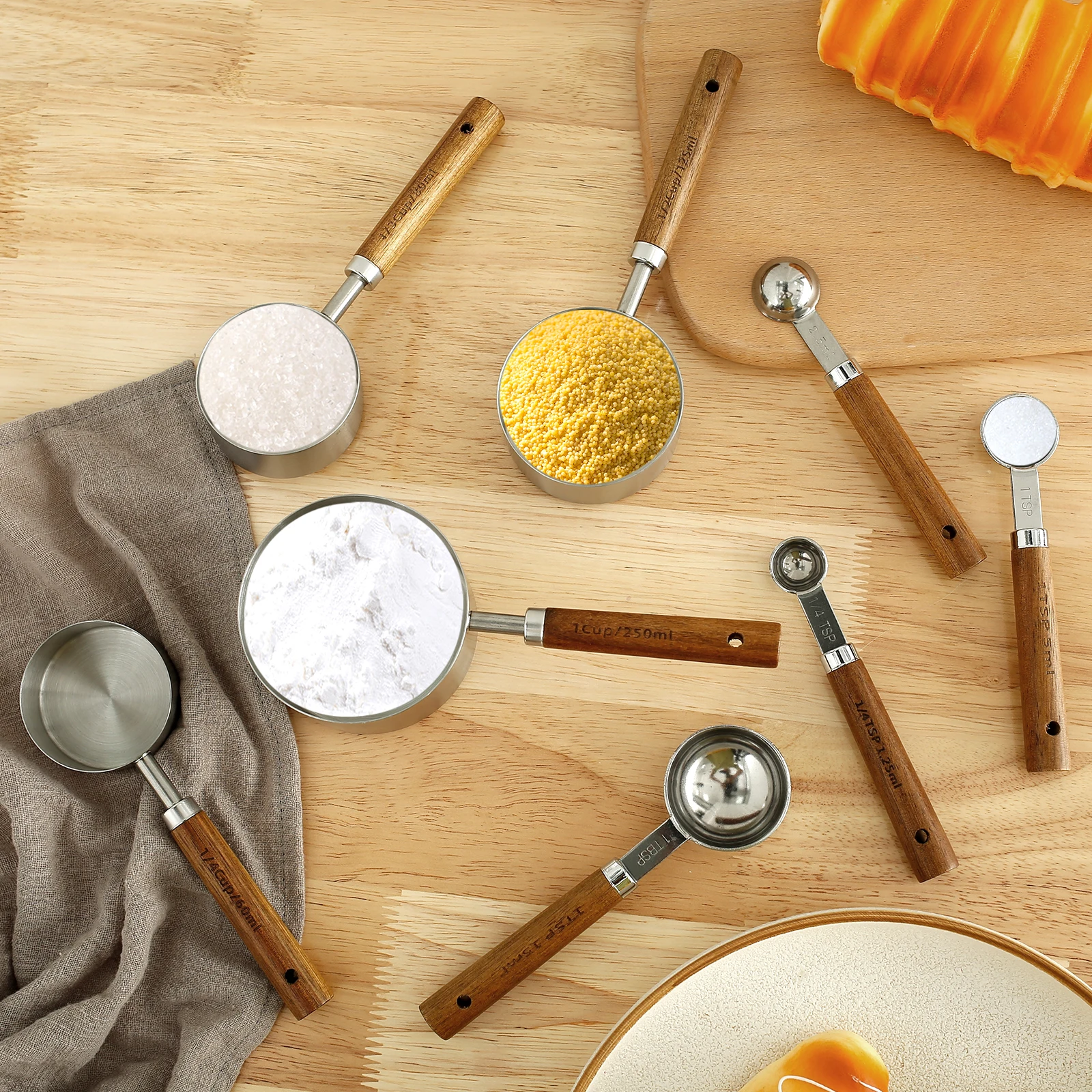 

8Pcs Measuring Cup and Spoon Set Stainless Steel Cup Measurement Set with Wooden Handle Portable Measuring Spoons Set Reusable