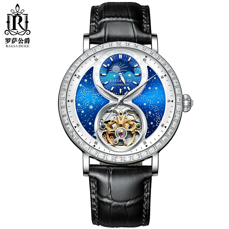 

Automatic Watch RAKSADUKE 888-001 Snowflake Men Watch Luminous Leather Blue Tourbillon Mechanical Wtistwatches With Gift Box
