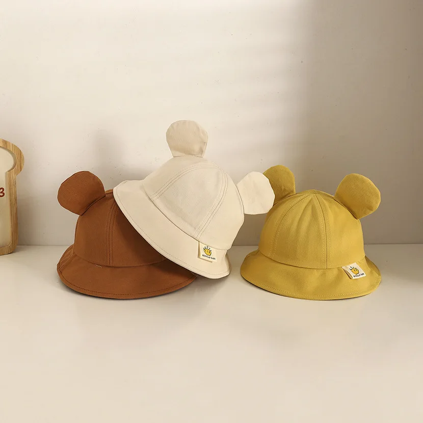 

2023 Cute Baby Hat With Ear Solid Color Korea Style Baby Bucket Hat Summer Sun Caps Kids Beach Caps For Girls Boys 1-2Y