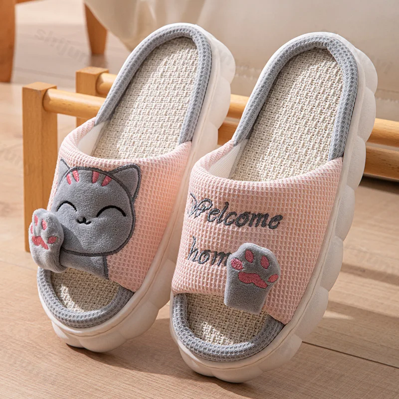 Women House Casual Slippers 2026 Spring Autumn Linen Platform Cute Cartoon Cat Floor Indoor Slippers Fashion Elegant Home Shoes - 3