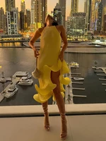 Women Romantic Yellow Halter Maxi Dress Ribbed Knit Ruffled High-slit Slim-fit Vestido 2026 Lady New Spring Trendy Fashion Robes - Image 2