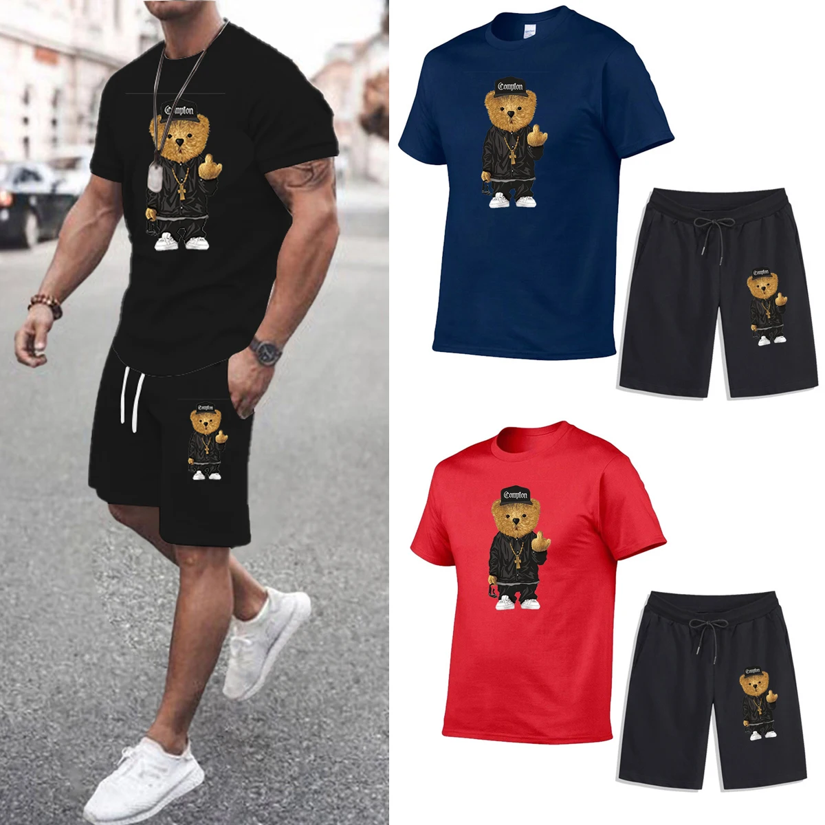 

Men Set Cotton Men's Training Wear Tracksuit Bear Printing T-Shirt Casual Wear Fitness Sports 2 Piece Set of Sports for Man