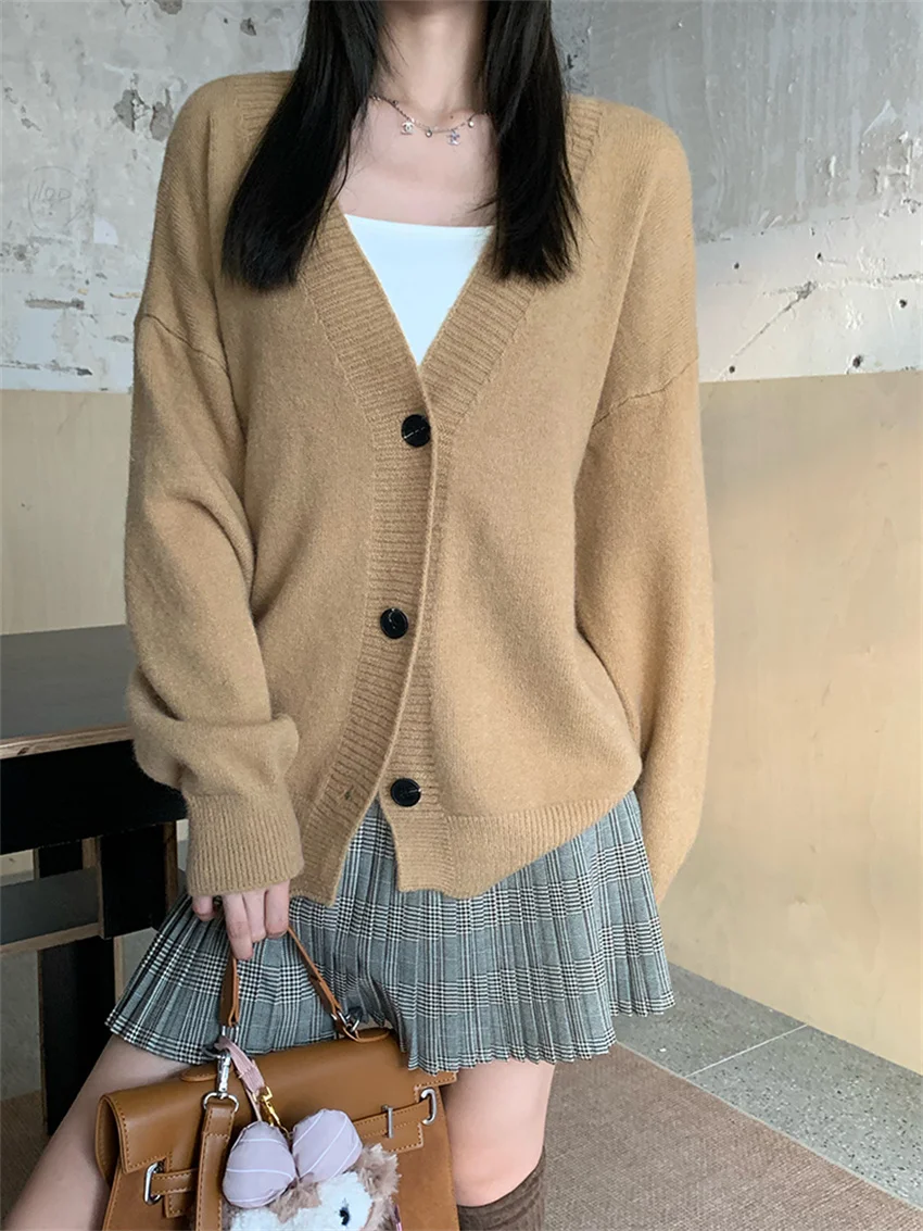 

Alien Kitty Khaki Knitted Coats Women Loose Autumn Warm New 2023 Daily Casual All Match Cardigans Vintage Elegant Sweaters