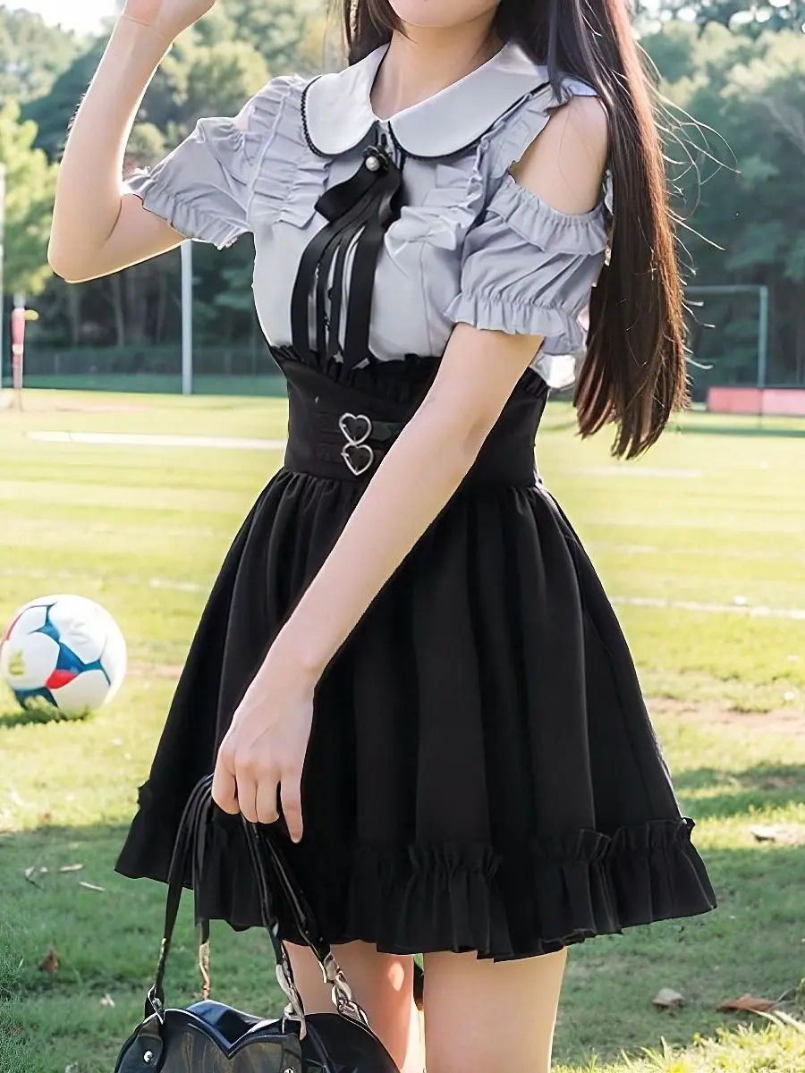 Japanese Preppy Style Hollow out Shoulder Doll Collar Short Sleeve Shirt High Waist Lolita Sweet Short Skirt 2 Piece Sets Women